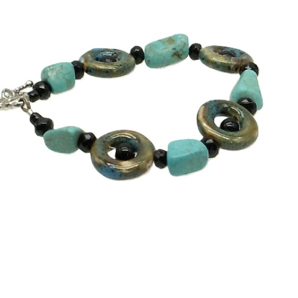 Turquoise Stone Bohemian Bracelet Ceramic Donut Resin Beaded Bracelet - Picture 9 of 16